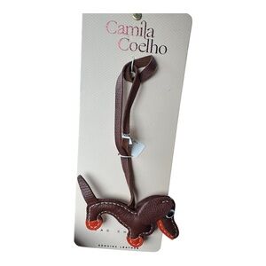 Camila Coelho Dachshund Leather Bag Charm Brown Wiener Dog Keychain NWT